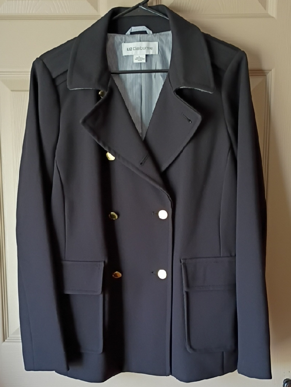 Liz Claiborne Navy Double-Breasted Pea Coat with Gold Buttons